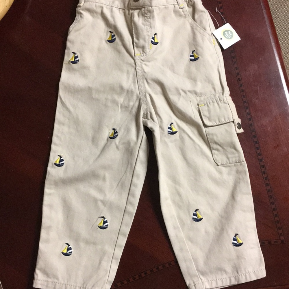 Little Me Beige Embroidered Sailboat Cargo Pants